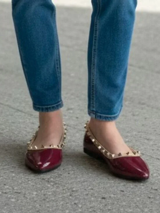 Studded Burgundy Patent Leather Flats With Pointed Toe & Quilted Insole - Picture 4 of 12